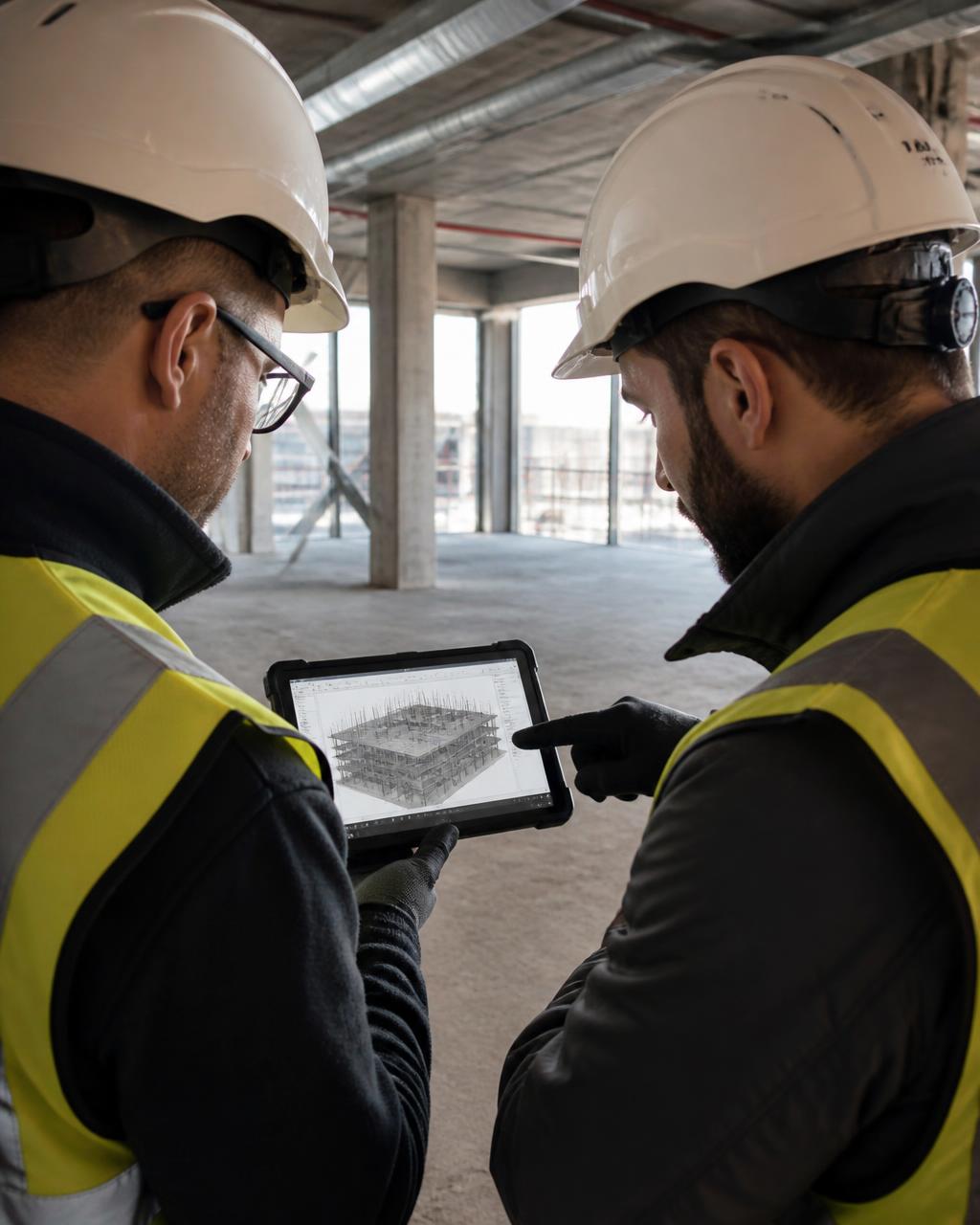 Engineers on an unfinished concrete floor examining building data on a tablet