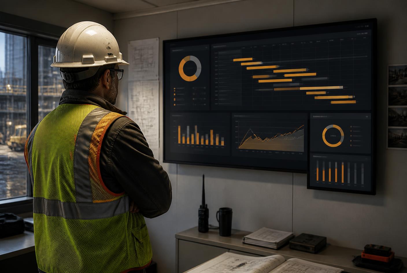 Construction supervisor reviewing project schedule data on a site office display